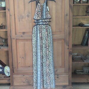 NWT Express Animal Print Maxi Dress High Neck Side Cutout Strappy Chiffon Small
